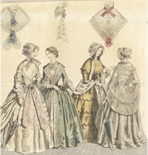 A group of women in Victorian dresses are chatting.