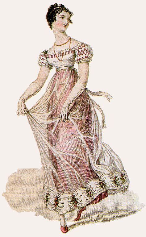 A woman in a Regency dress is dancing.